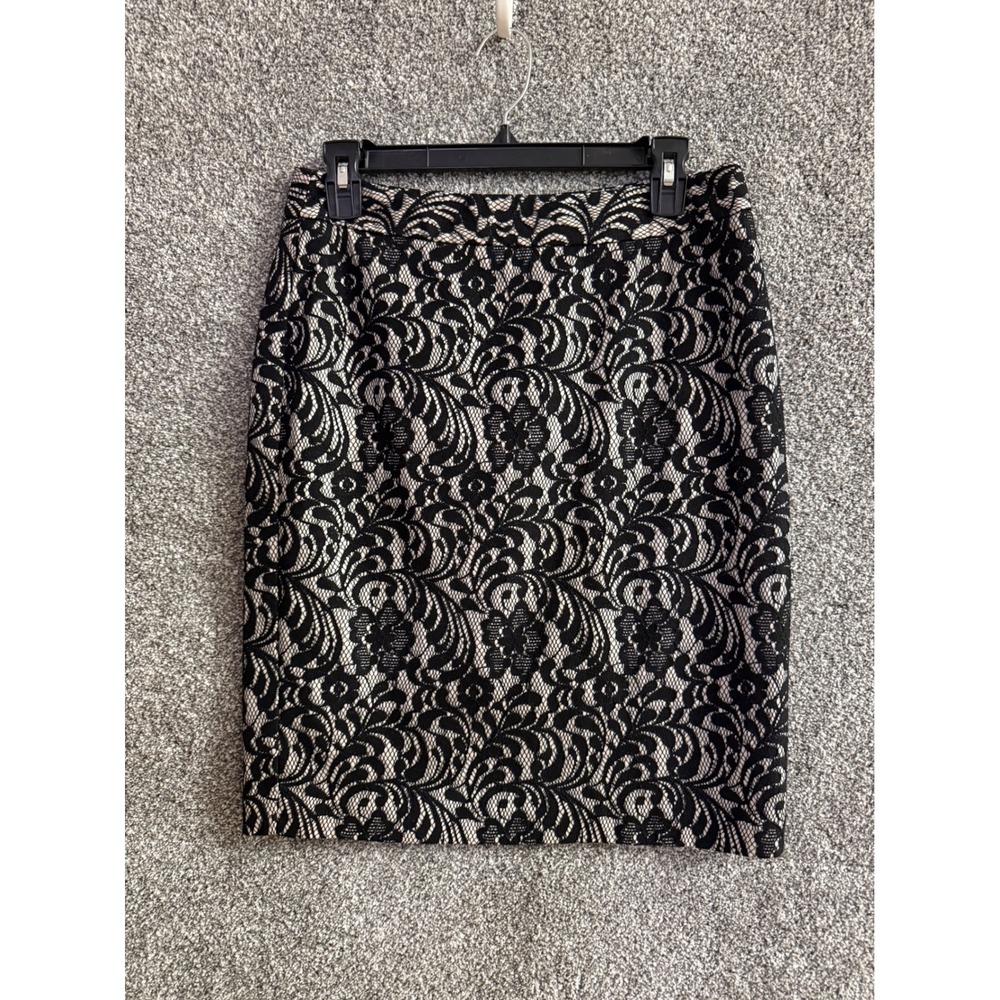 Worthington Pencil Skirt 4 Black Cream Floral Lace Overlay Office Dark Romance